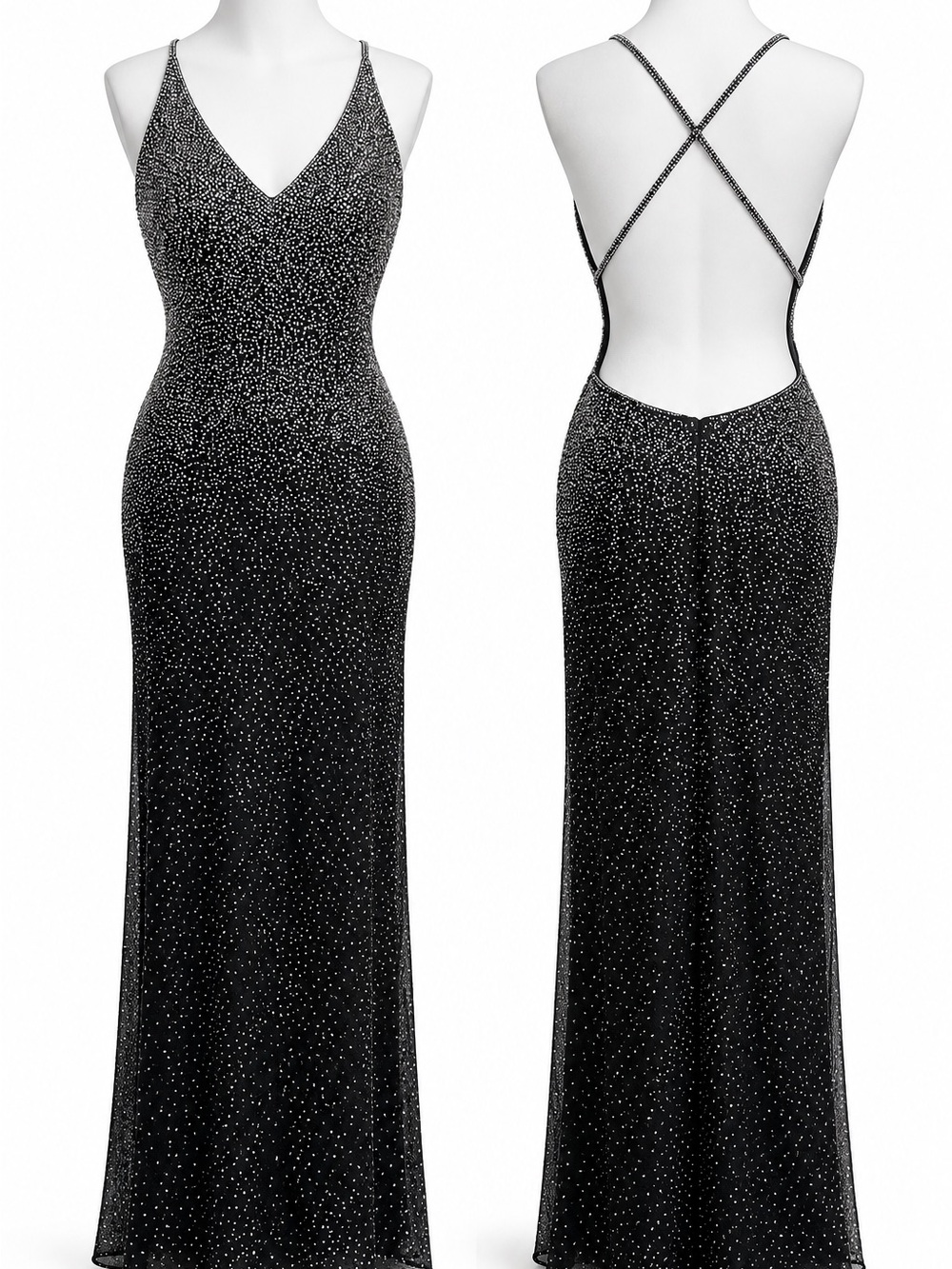 Scala Black Rhinestone-Embellished Open-Back Evening Gown